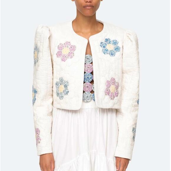 SEA New York Violette Patch Quilted Jacket Cropped Floral Puff Sleeve Cropped XS - Picture 1 of 6